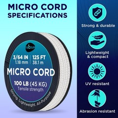 Micro Paracord – White – 1.18mm x 38m – Micro Utility Cord – Thin Braided…