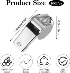 100Pcs Stainless Steel Whistle Bulk W/Lanyard, Loud, Clear Sound Metal Referee