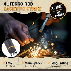 Ferro Rod Fire Starter Kit – 3/8″ Thick Flint Steel, Fatwood Tinder, Multi-Tool