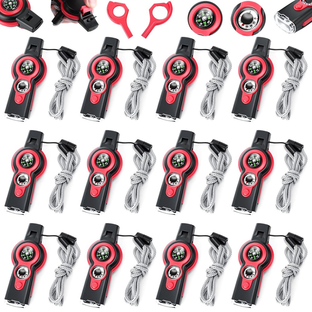 Arrowbash 12 Pack Emergency Survival Whistle 7-In-1 Compass Hiking Survival