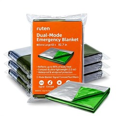Ruten 4-Pack Extra Large Emergency Thermal Blankets – 63″x82.7″ Green/Silver Myl