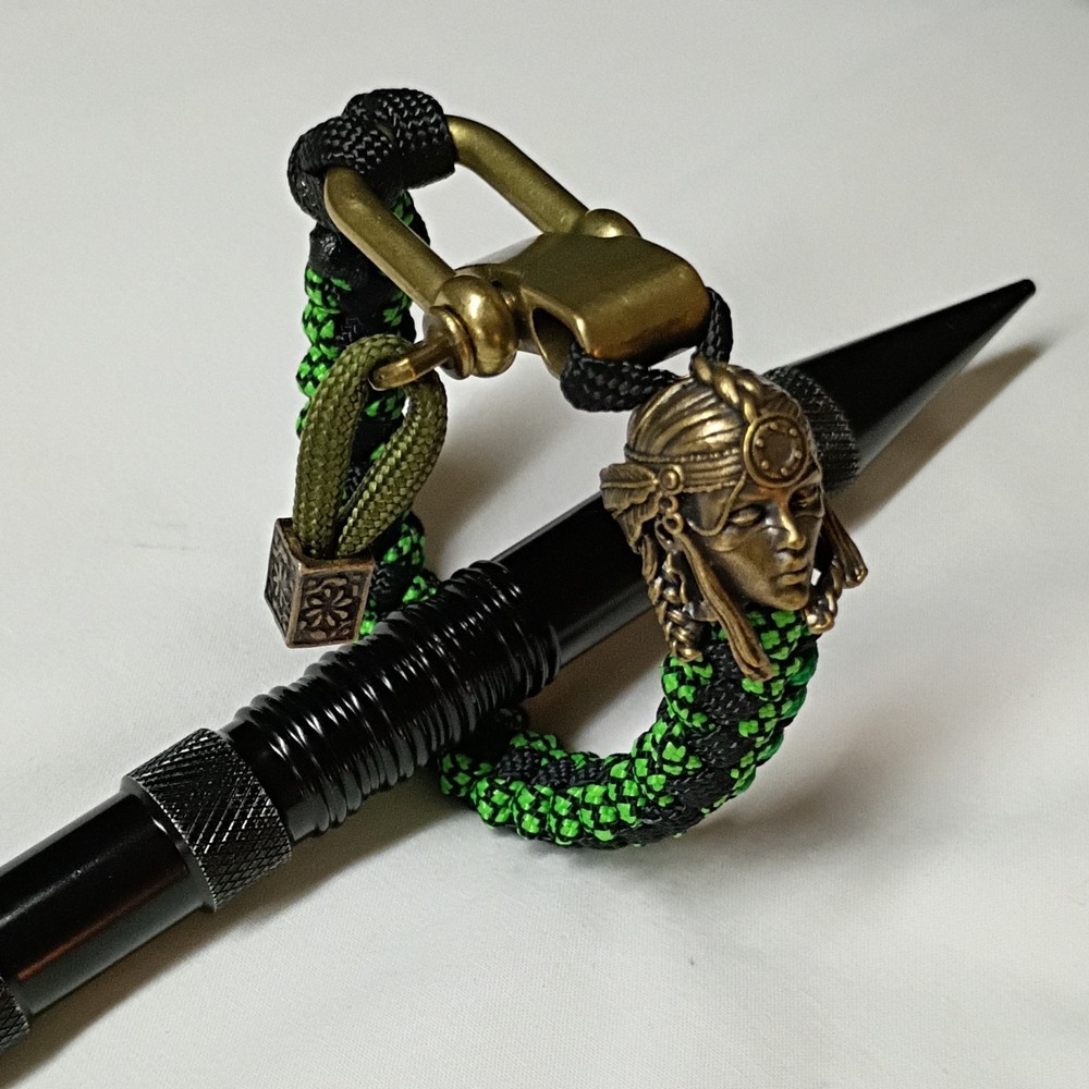 Black Green Paracord Bracelet with Native Woman Bead
