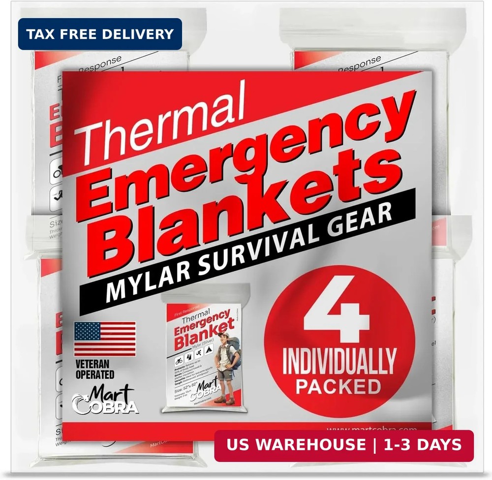 Emergency Blanket Mylar Thermal Space Survival Gear & Supplies 4-Pack Foil | Col