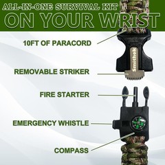 Paracord Survival Bracelet-Length Adjustable,Loud Whistle Emergency Compass