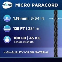 Micro Paracord – Black – 1.18 Mm X 125 Ft – Micro Utility Cord – Thin Braided Pa