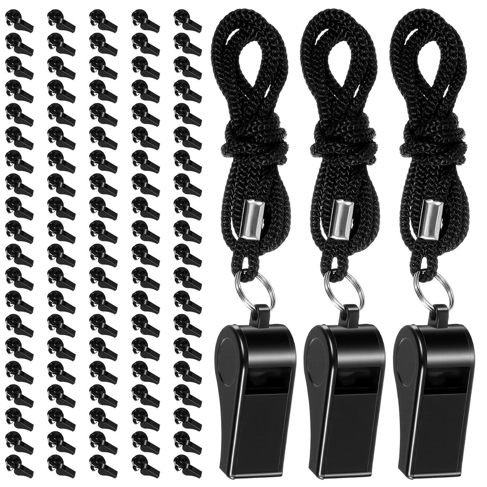 100 PCS Coaches Whistle with Lanyard, Black Whistles Bulk Plastic 120 dB
