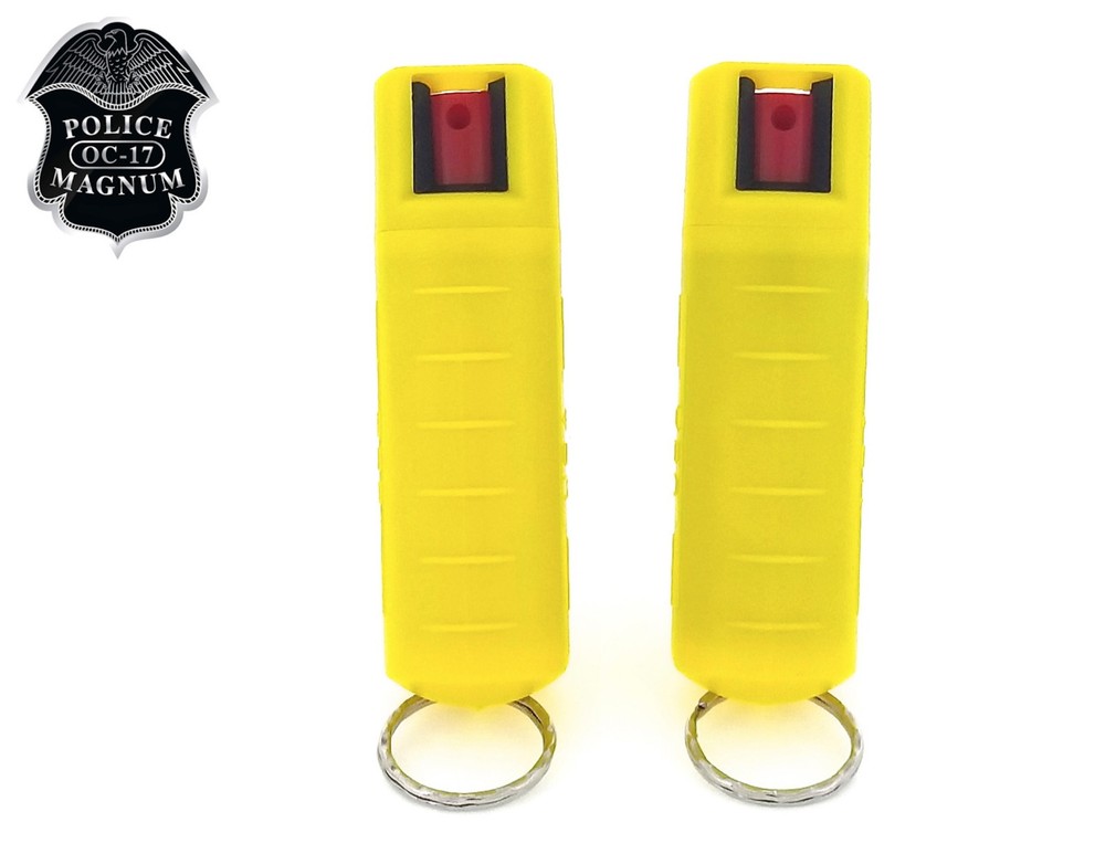 2 Police Magnum pepper spray 1/2oz in refillable yellow molded keychain defense