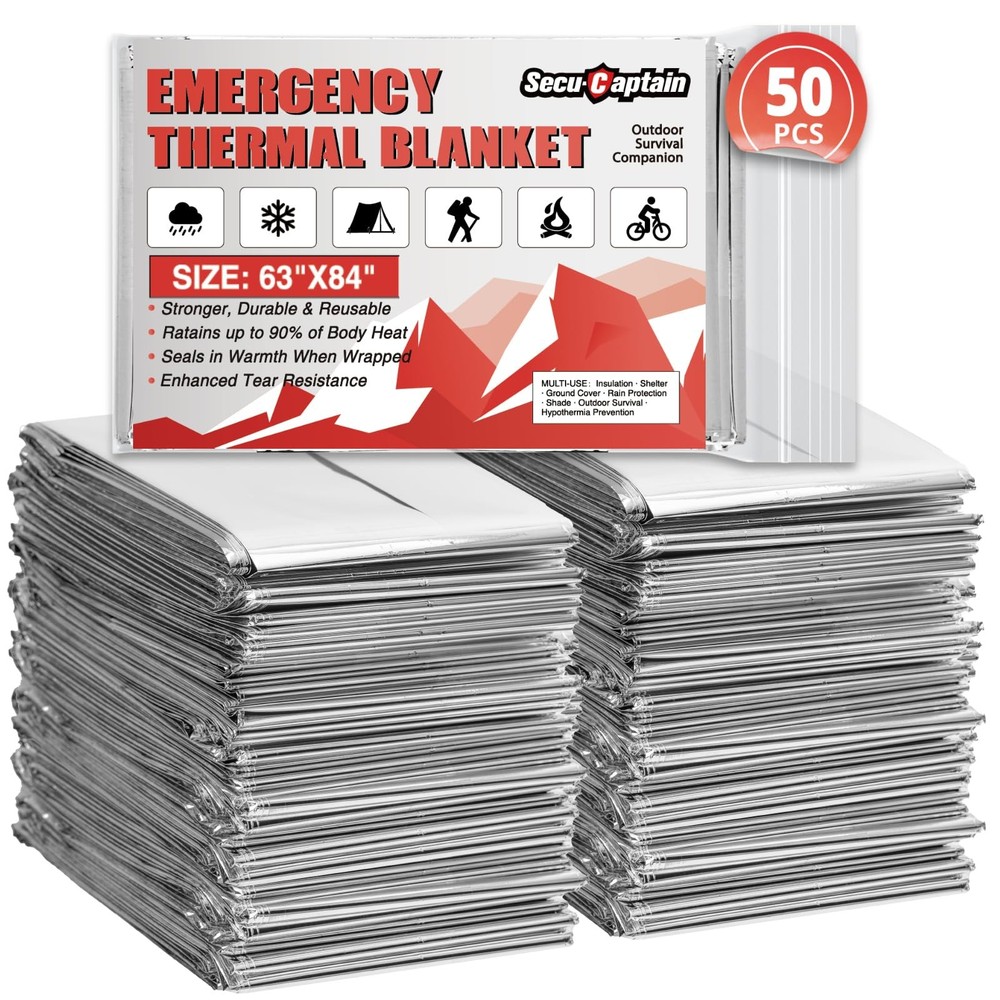Secucaptain Survival Emergency Thermal Blankets 50 Pack Extra Large 84 X63