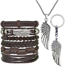8Pcs Punk Leather Bracelet Set for Men & Women, 6Pcs Braided PU BrownWings