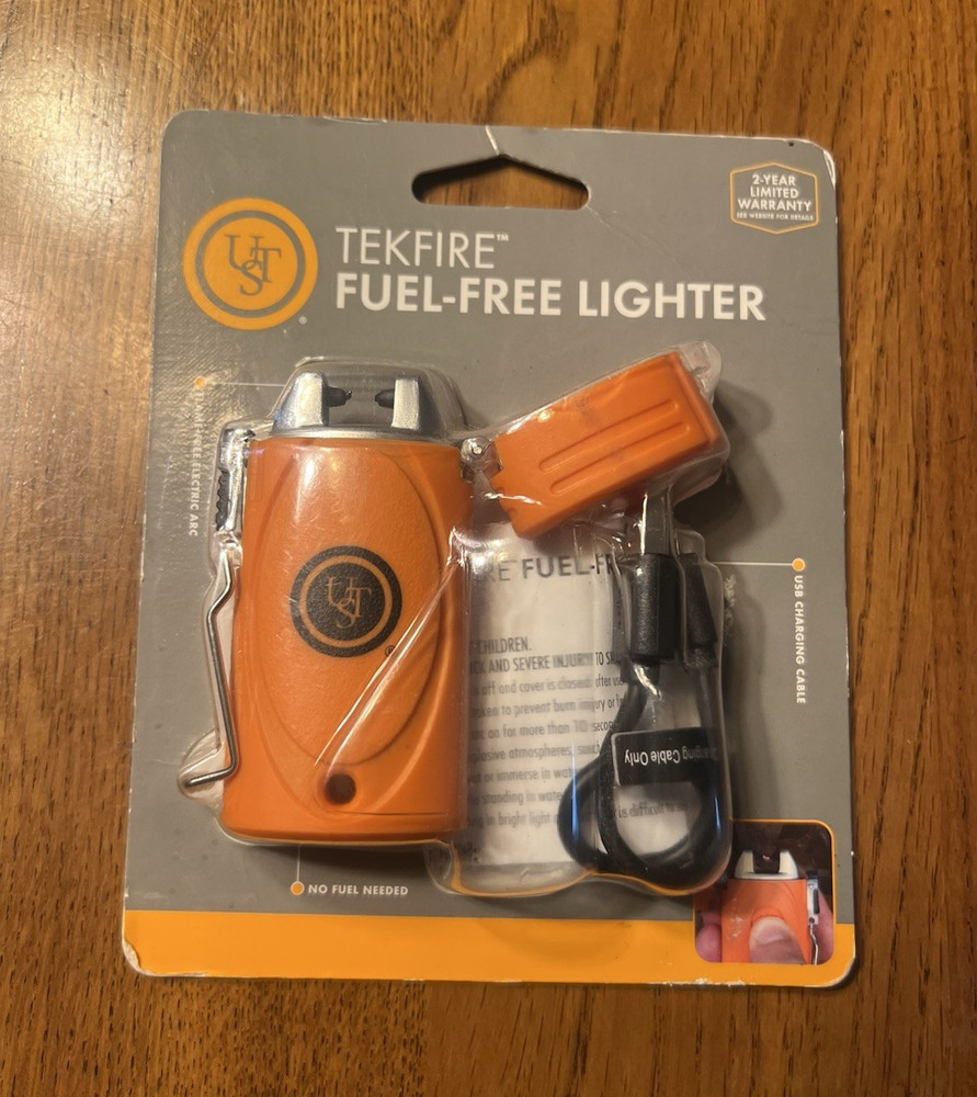 UST TekFire Fuel-Free Lighter Orange Windproof Electronic Rechargeable Camping