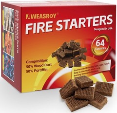 64 Waterproof Fire Starter Squares – Odorless & Safe for Camping, BBQ, Fireplace