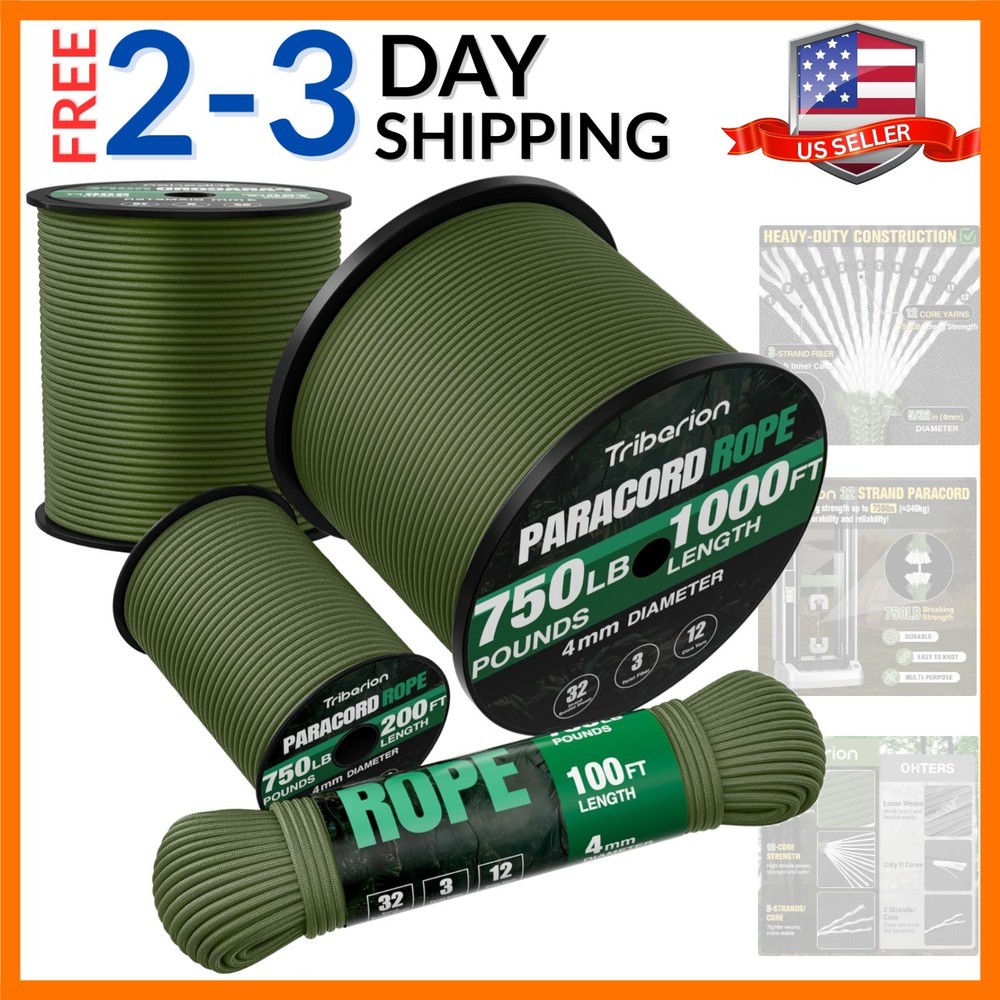 Paracord Rope 750 lb – 1000ft / 500ft / 200ft / 100ft 5/32″ Parachute Cord 4M…