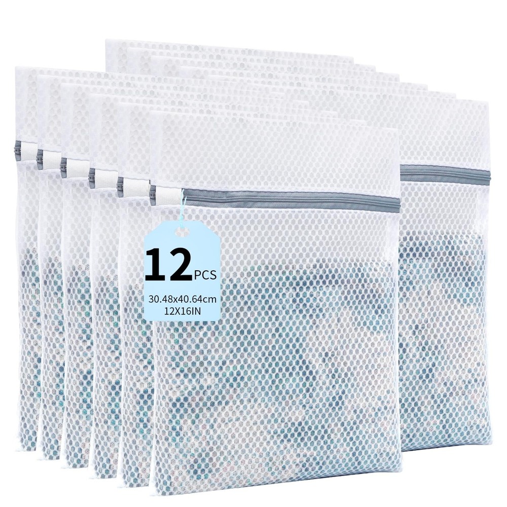 SUOSEC Laundry Bags Mesh Wash with Strong Zipper, 12PCS-12X16IN, White