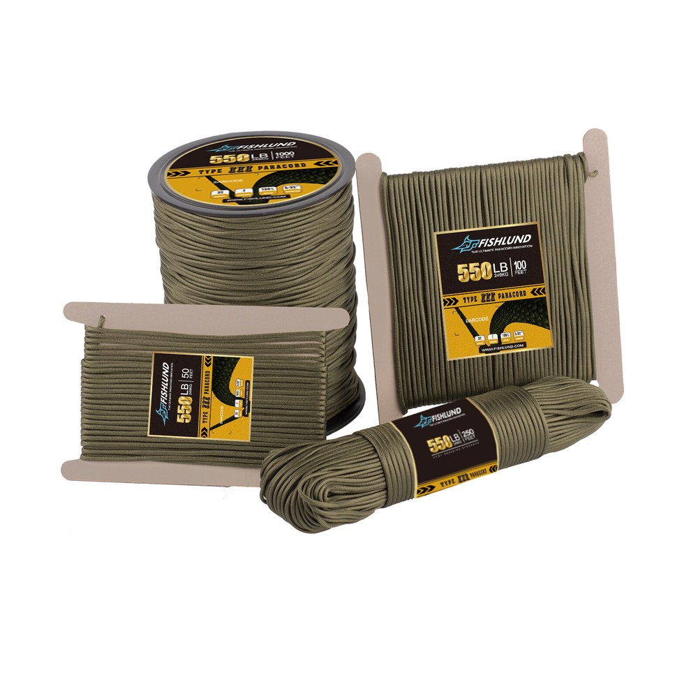 FISHLUND 550 Paracord Parachute Cord Lanyard 50-1000 Feet Type III 7 Strand Core