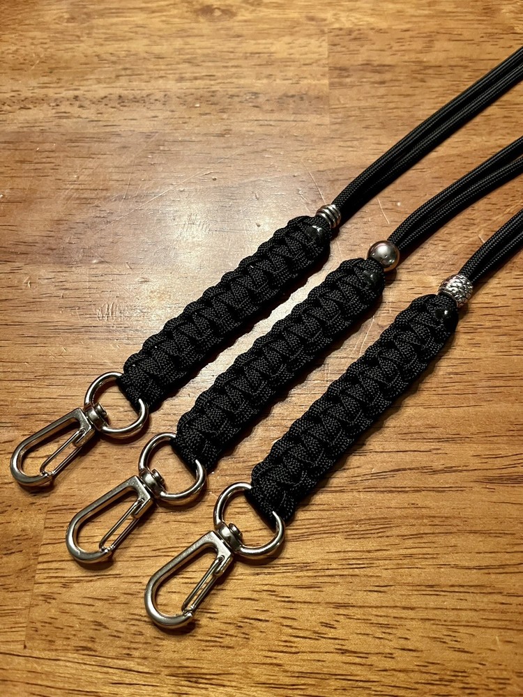 (3-Pack) 19″ BLACK Neck Swivel Lanyards GUTTED 550 Paracord ID Badge Metal Beads