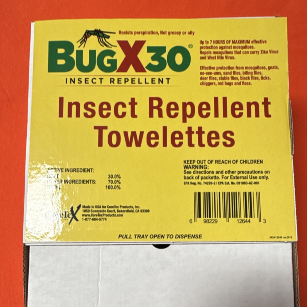 CoreTex BugX30 Insect Repellent Towelette Outdoor Mosquito Tick Flea 7hr