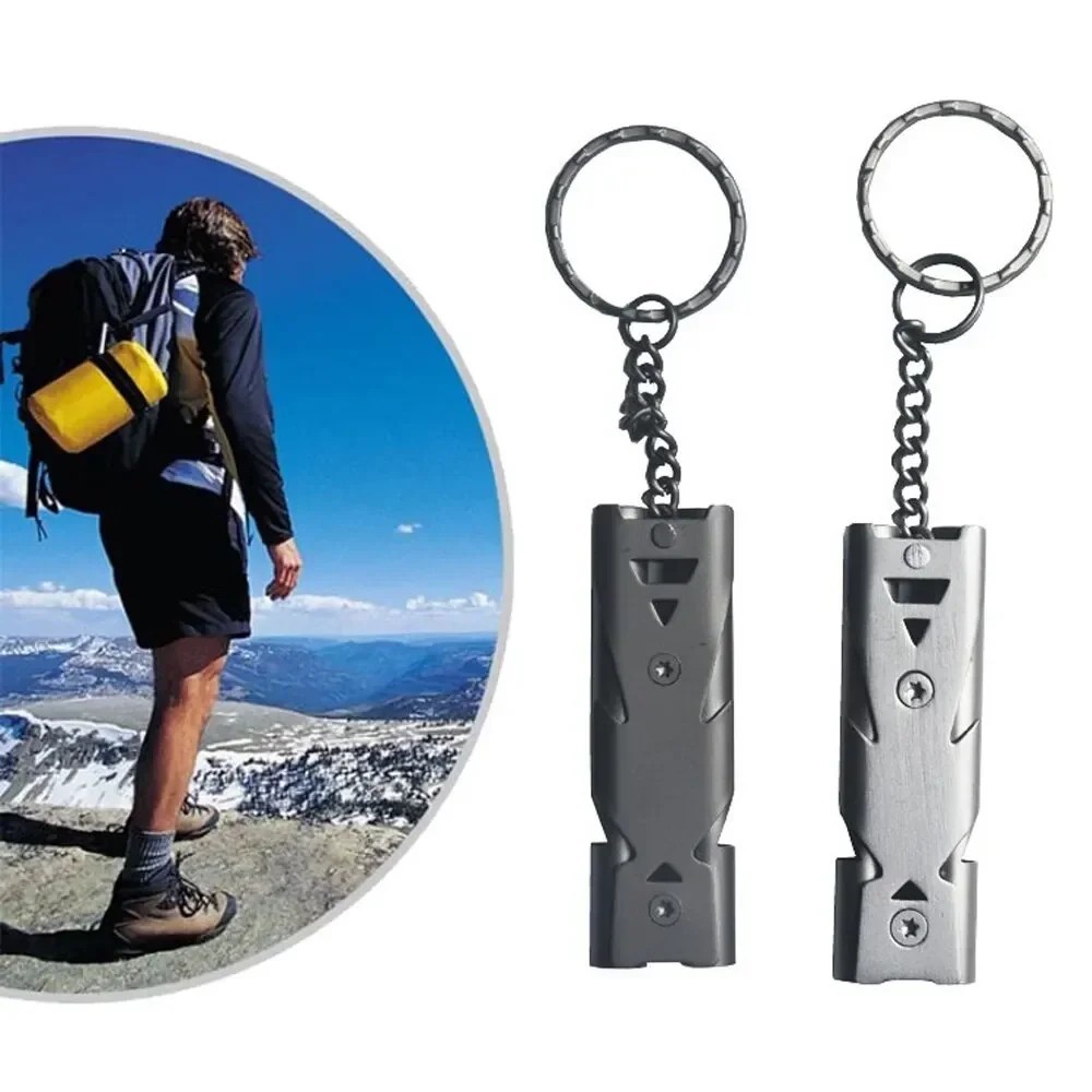 Double Tube Survival Whistle 180dB Stainless Steel Emergency Keychain Silver