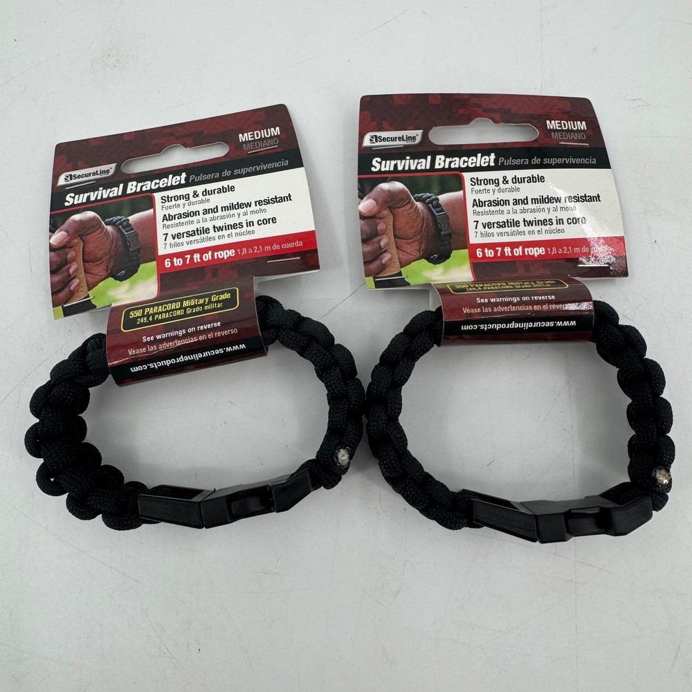 Set of 2 SecureLine Survival Bracelet 550 Paracord Military Grade Black Medium