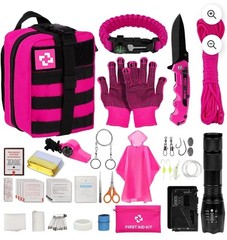 Pink Emergency Survival & First Aid Kit, Self-Defense Gear with Molle Pouch & Te