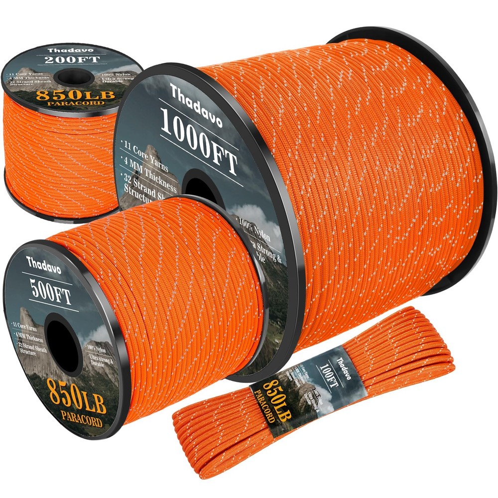 Thadavo Reflective Paracord Rope 850Ib, 50/100/200/500/1000ft 500FT, Orange
