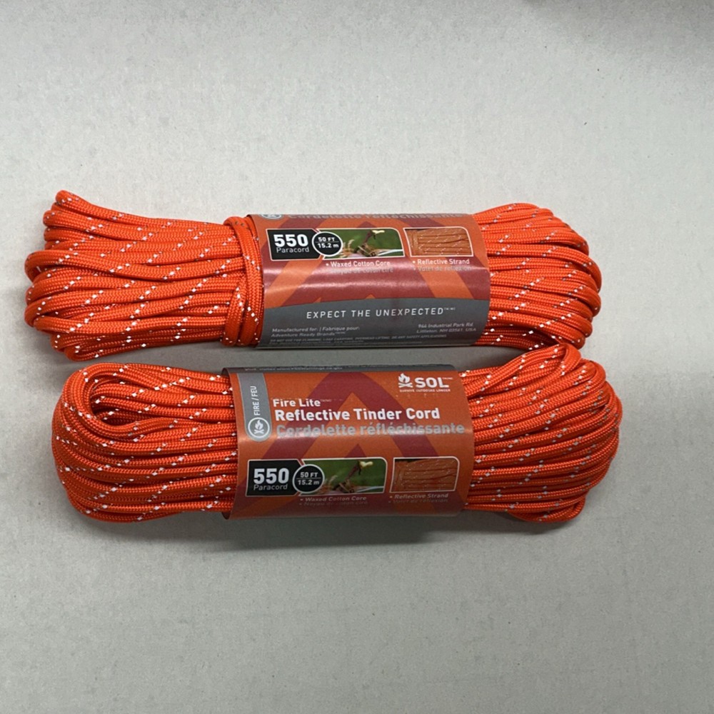 SOL Fire Lite Reflective Tinder Cord Paracord Orange 50 ft 550 lb Waxed Cotton