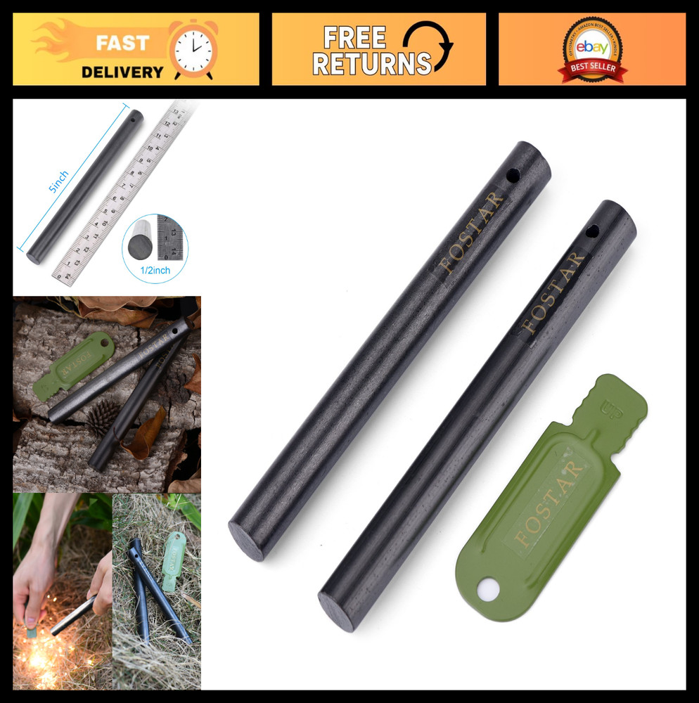 2PCS Ferro Rod Fire Starter Kit – 1/2″ x 5″ Thick Flint Steel with Scraper & Lan