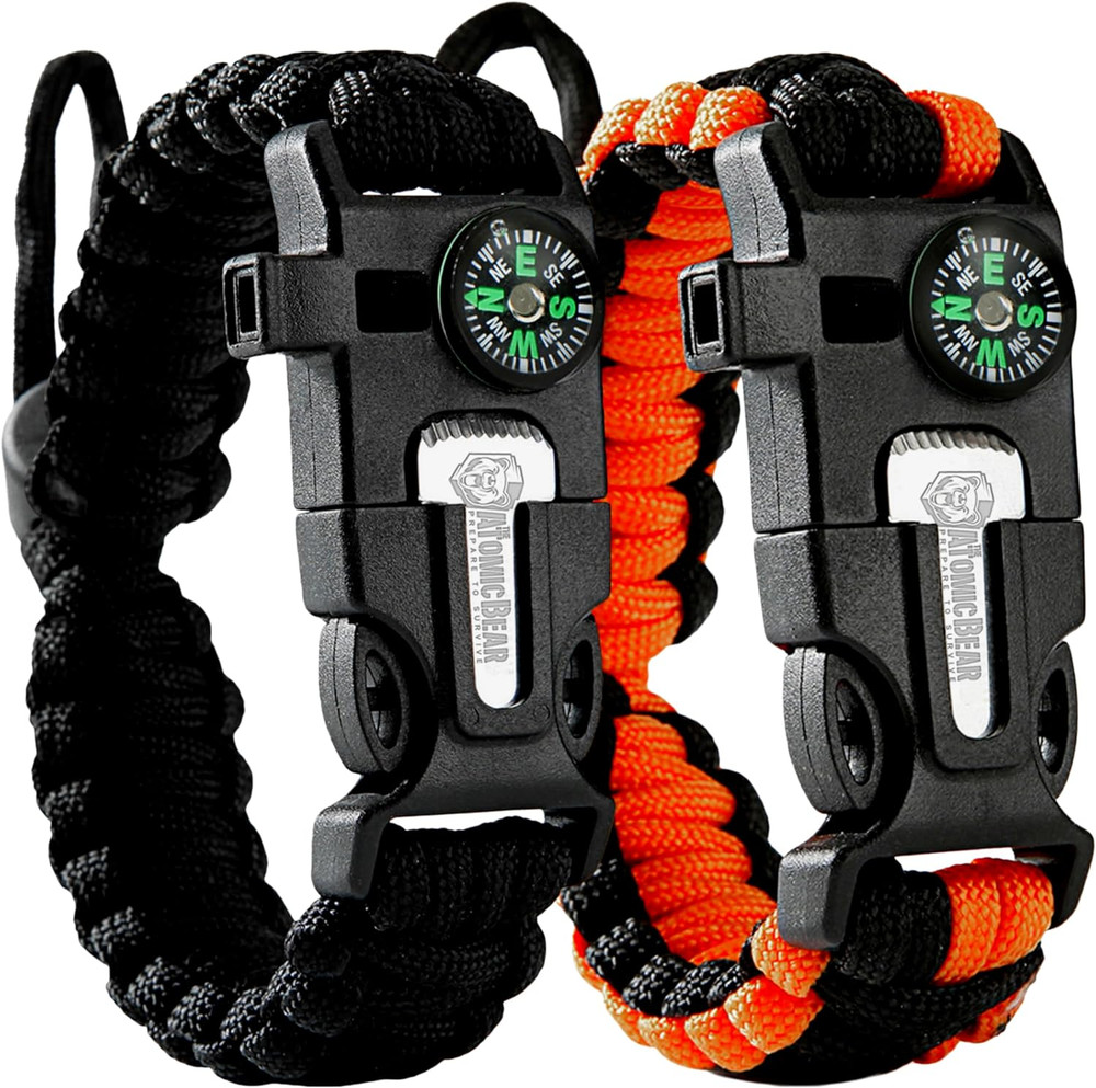 Atomic Bear Paracord Bracelet (2 Pack) – Adjustable – Fire Starter – Loud Whistl