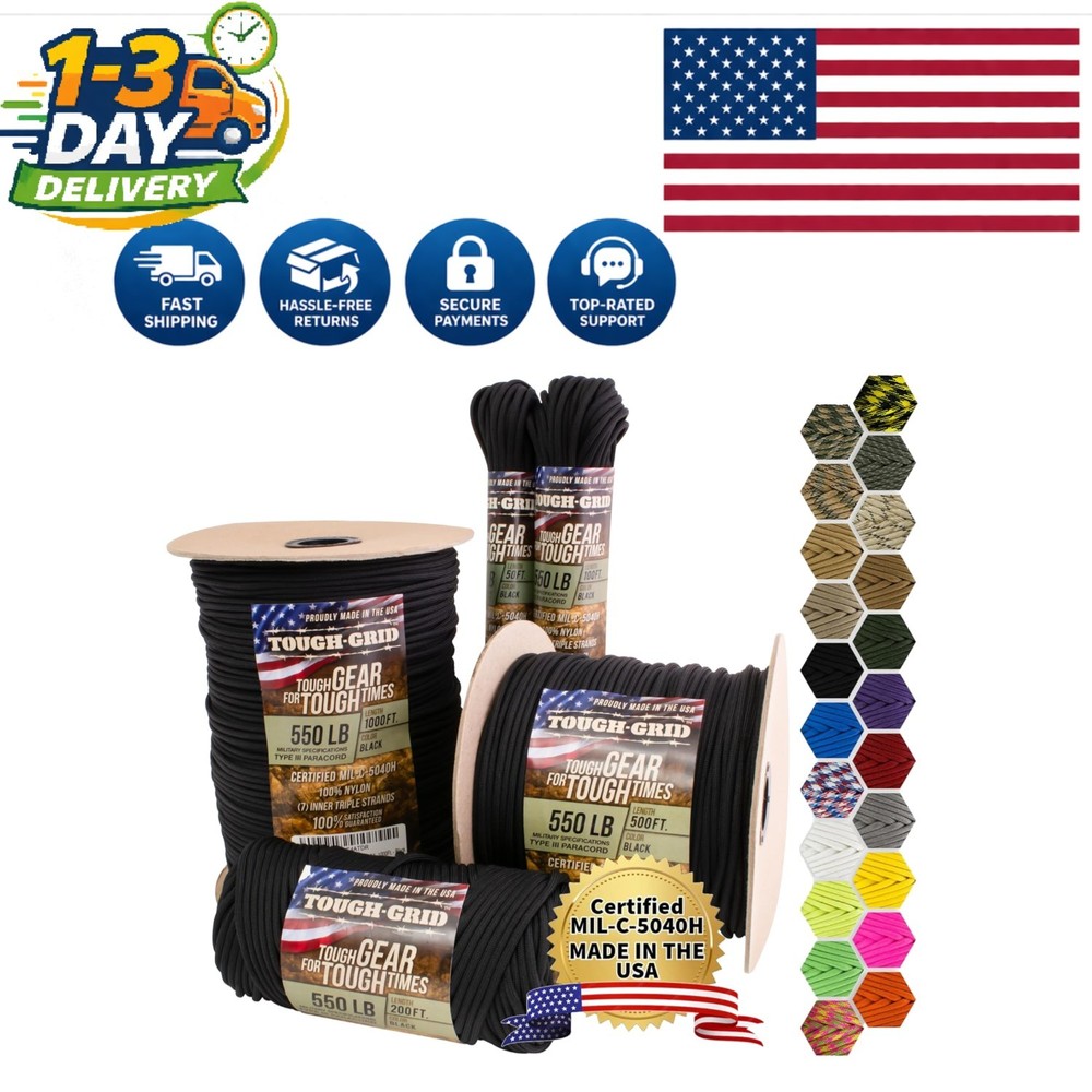 Versatile 50 Ft Black Nylon Paracord – 550 lb Strength for Camping & Emergencies