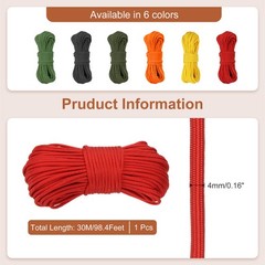 650 Paracord 98 Feet 4mm 9 Strand Parachutes Cord Spool Red
