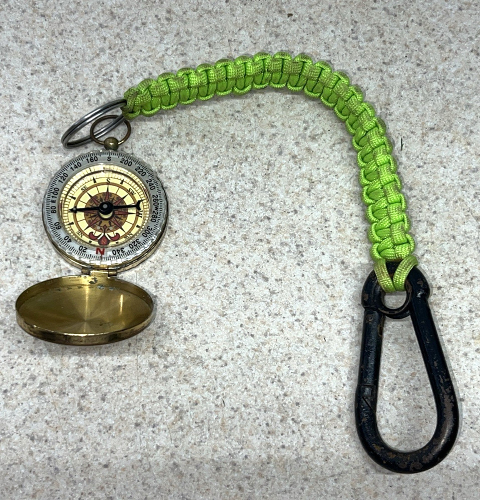 Compass On Green Paracord with Black Carabiner. Free Shipping