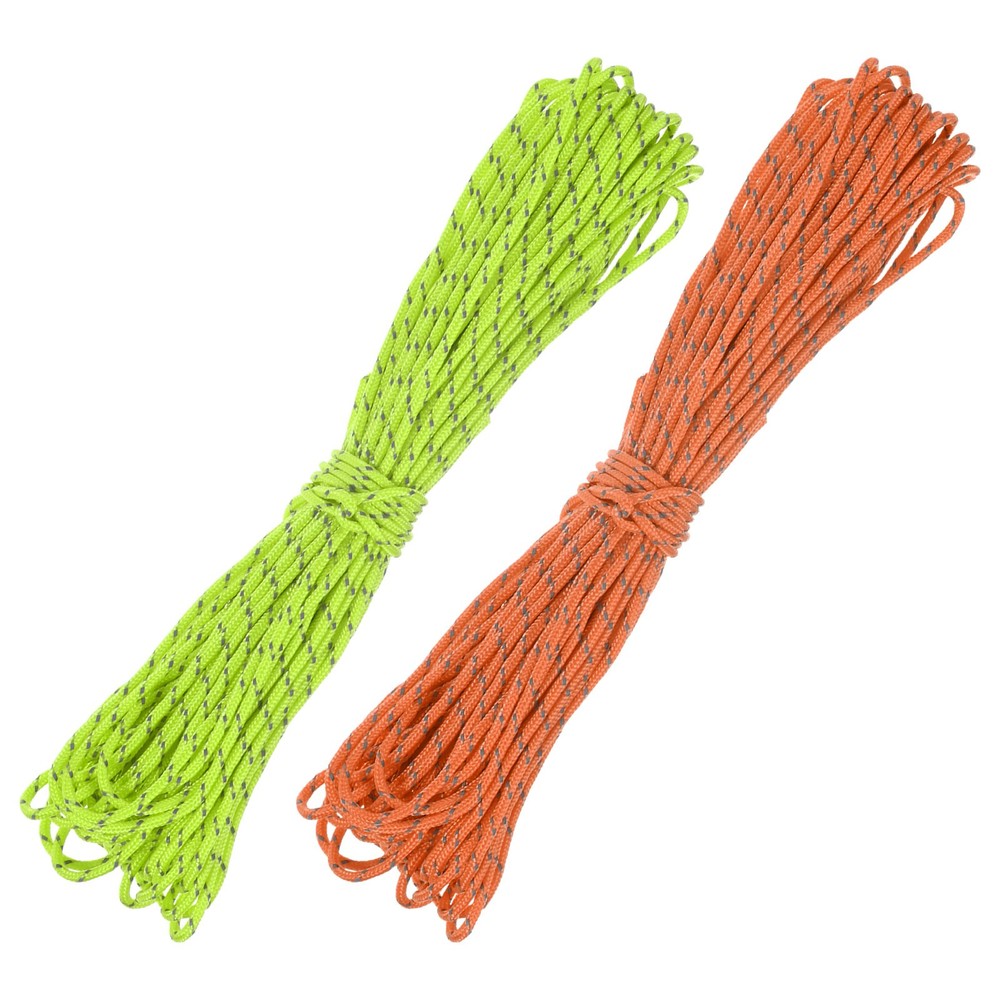 2PCS 2 mm 66FT Reflective Camping Paracord 3 Strands, Fluorescent Green, Orange
