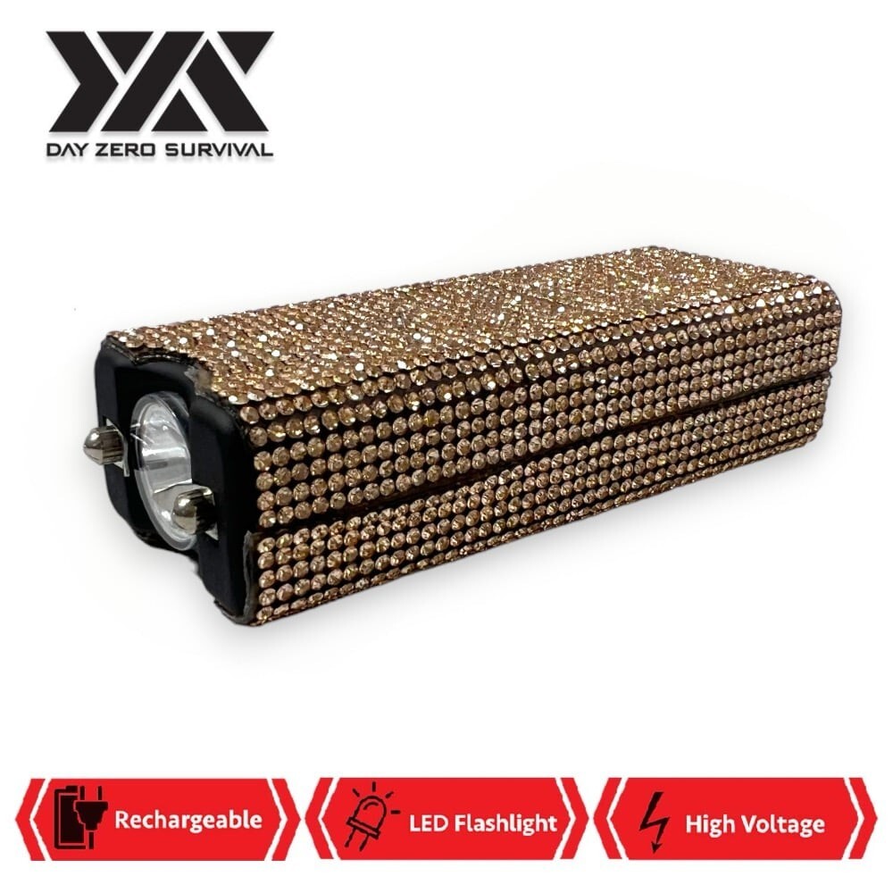 All New Gold Bling Jeweled Rhinestone Rechargeable Self Defense Mini Stun Gun
