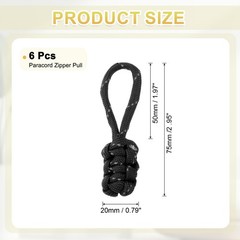 6Pack Reflective Paracord Zipper Pull 75mm Length for Backpacks Black