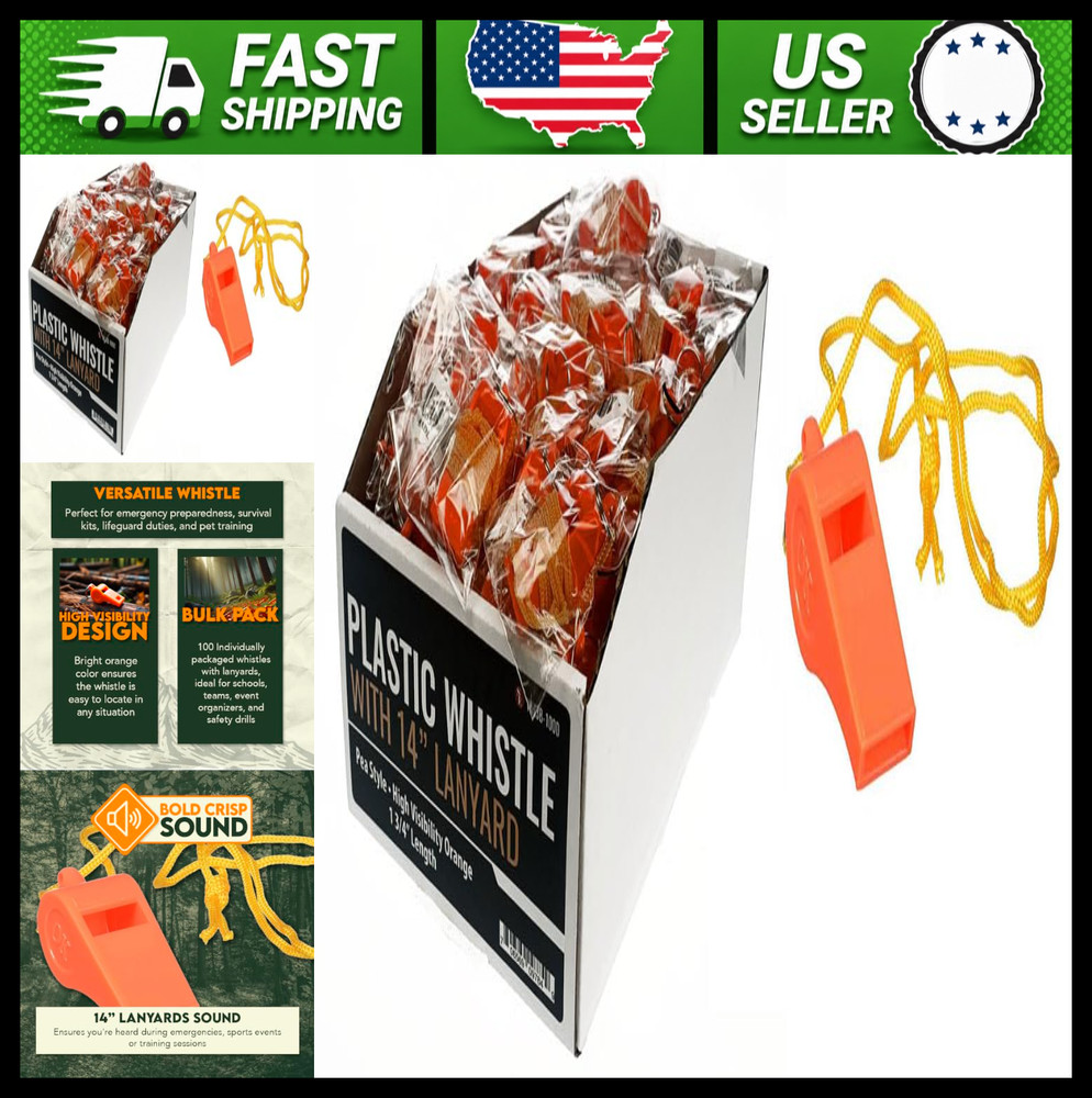 SE Orange Plastic Whistles with 14″ Lanyards 100 Pc.