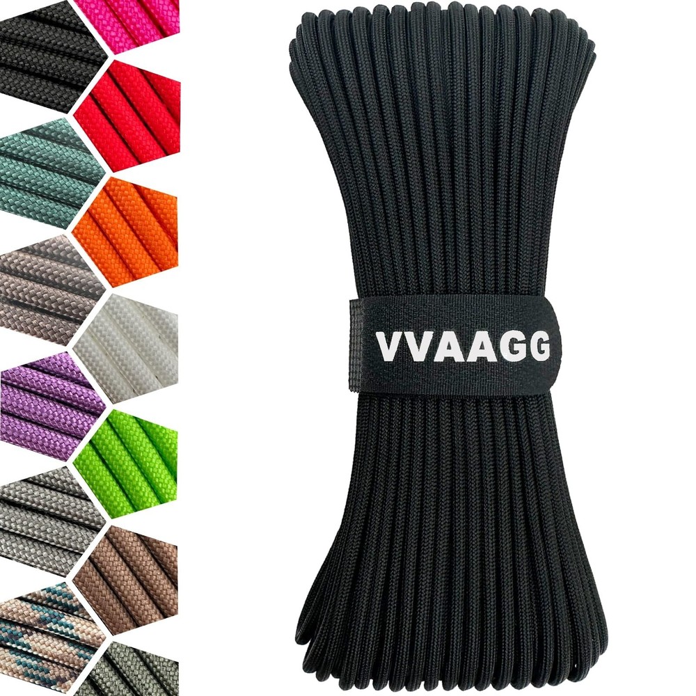 VVAAGG 1000 Black Paracord Rope 100FT Utility Nylon Heavy Duty 12 Strand Parachu