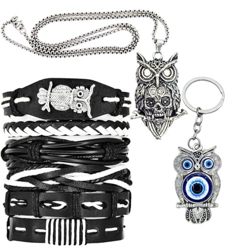8Pcs Punk Leather Bracelet Set for Men & Women, 6Pcs Braided PU Cuffs, Owl