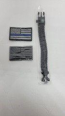 Paracord Survival Hiking Bracelet and 2 American Flag patches, blueline/blackout