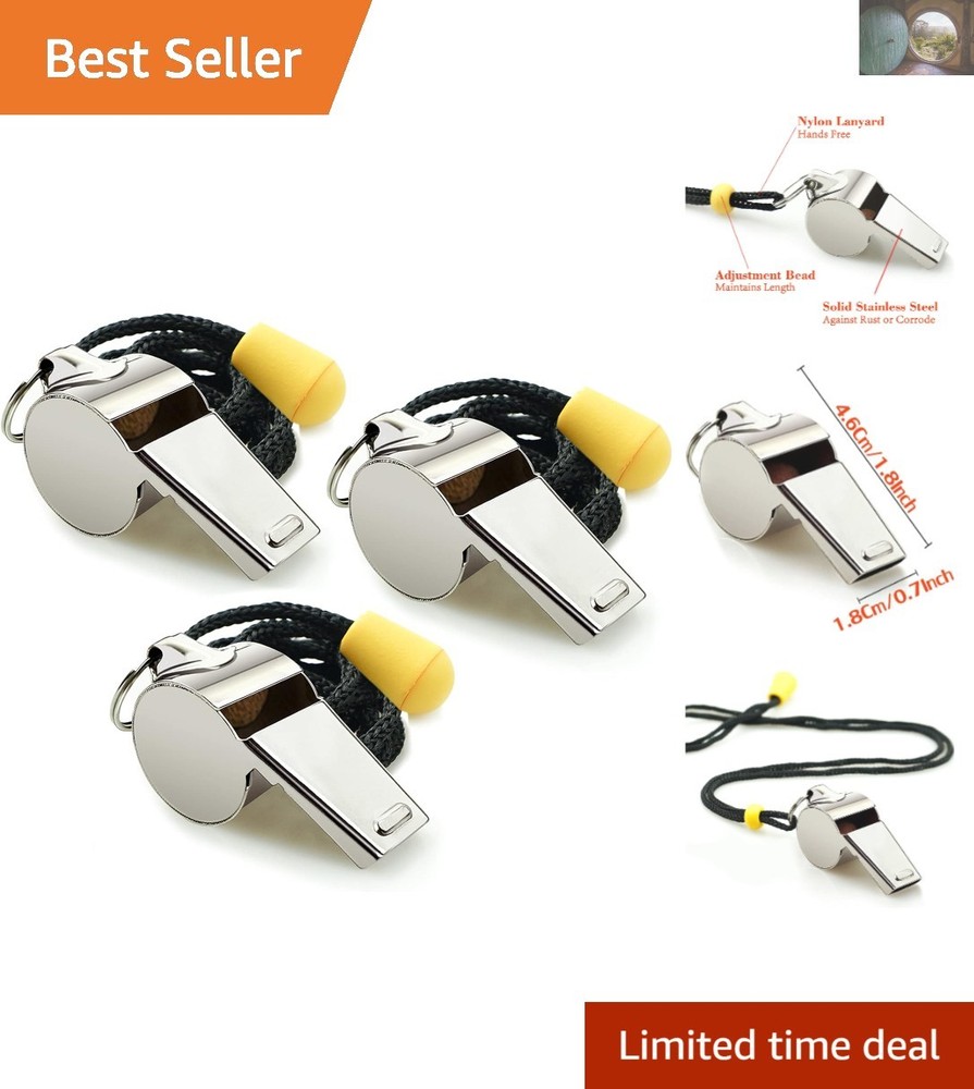3 Pack Stainless Steel Whistles with Lanyard – Loud and Durable Coaches Tool