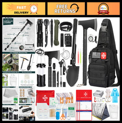262Pcs Survival Kit Gear, First Aid Pouch, Emergency Tent, Camping Axe & Shovel,