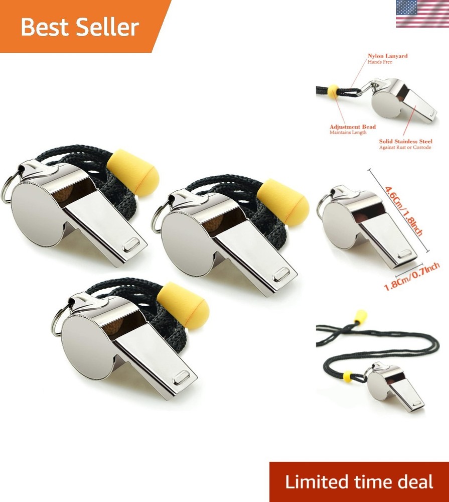 3-Piece Set of Stainless Steel Whistles with Lanyards – Loud, Safe, and Reliable