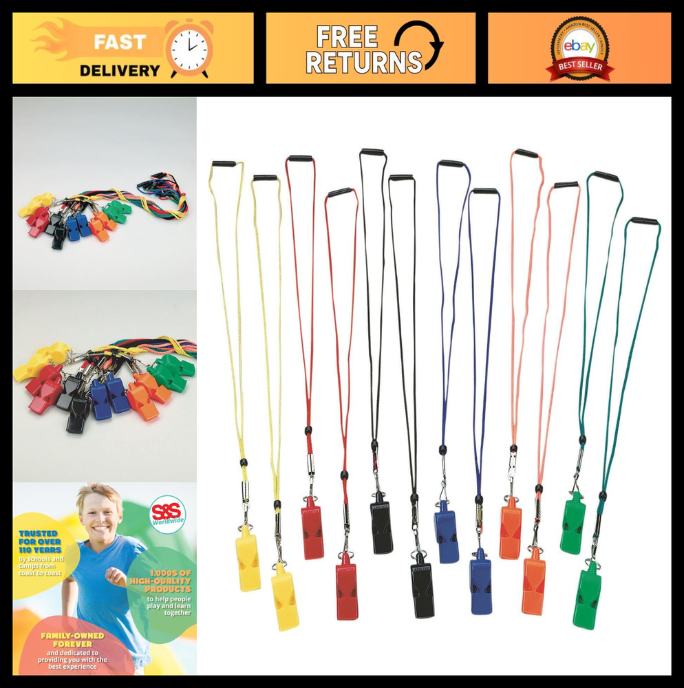 Loud Pealess Whistles with Breakaway Lanyards – 12 Pack, 6 Colors, ABS Plastic