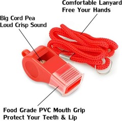Red Emergency Whistles with Lanyard & Mouth Grip, Loud Crisp Sound, Plastic Whis