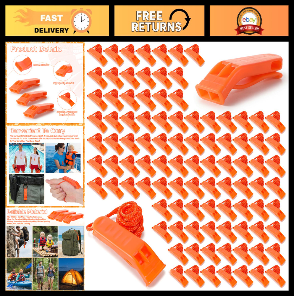 100 Pcs Emergency Whistles with Lanyard – Loud Survival Whistles for Camping, Hi