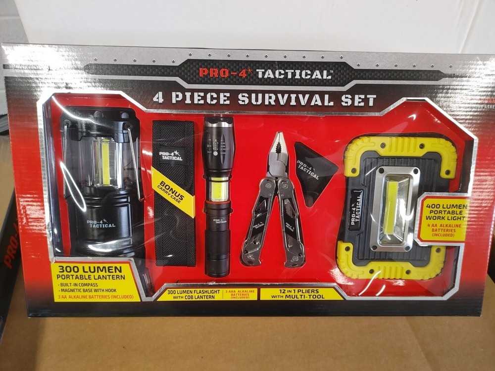 Pro 4 Tactical 4 Piece Survival Set Camping, Outdoors, Work Light, Pliers,