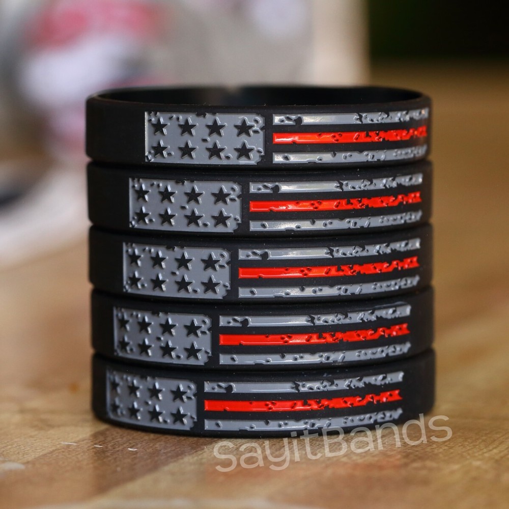 Worn Distressed USA Flag Thin RED Line Wristband Lot- Fire Services Bracelet