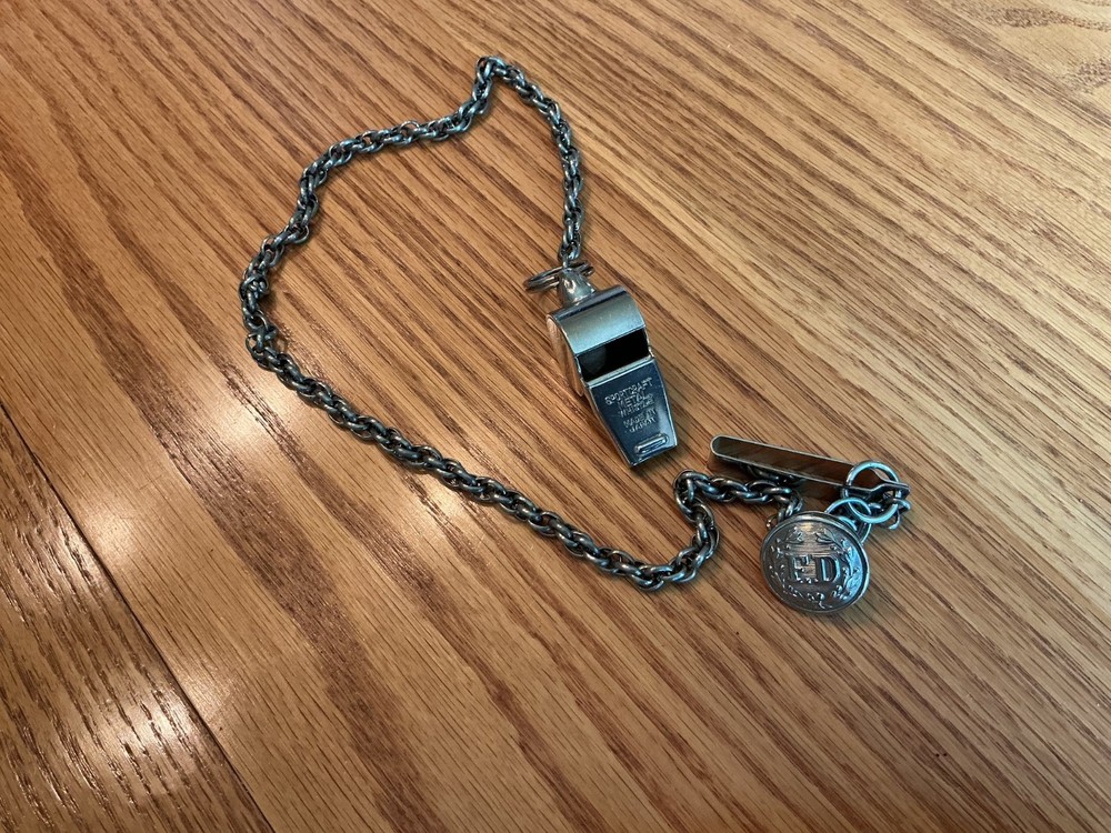 Vintage Sportcraft Metal Whistle Chromed Brass and Fire Department Button Japan
