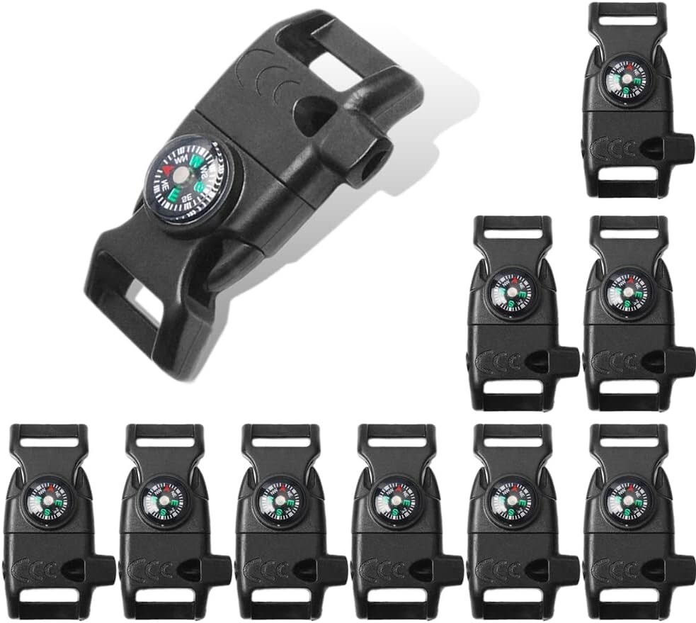 10Pcs Pack Black 5/8″ Compass Flint Scraper Fire Starter Whistle Buckle Plastic