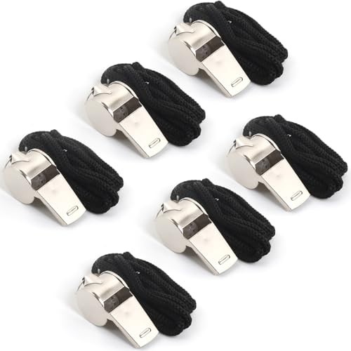 6Pack Stainless Steel Whistle with Lanyard, Loud Crisp Sound Whistle Ideal for