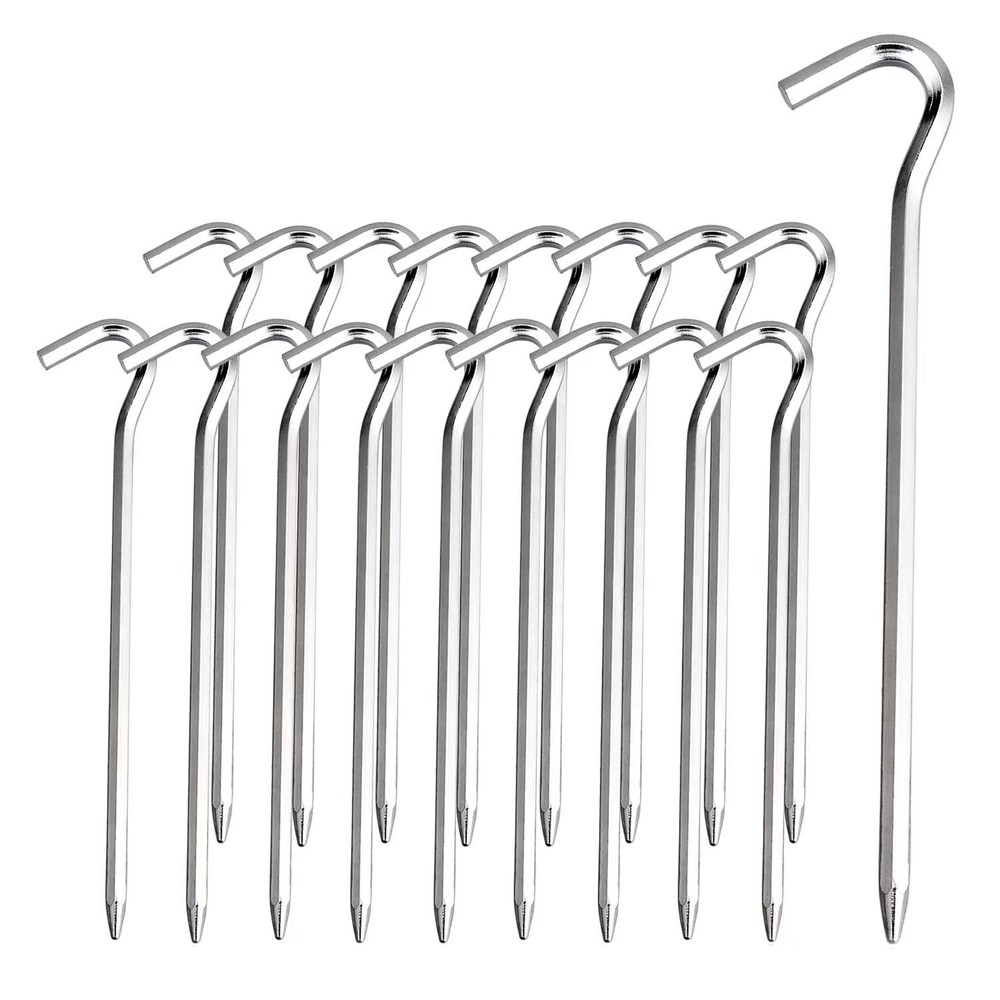 Tent Pegs – 18Pcs Aluminium Stakes with Hook – 7’’ Silver 18pcs
