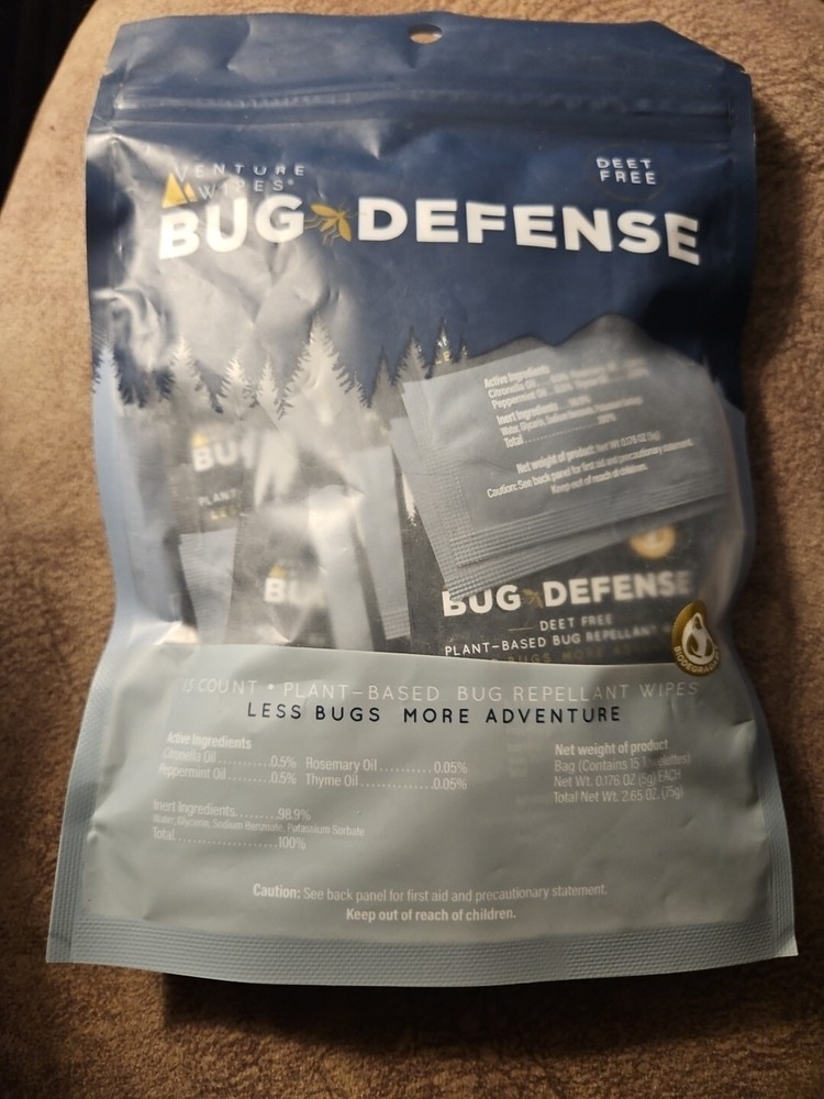 VENTURE WIPES BUG DEFENSE ~ 15 PACKS ~ DEET FREE ~PLANT BASED INFUSION ~ NEW